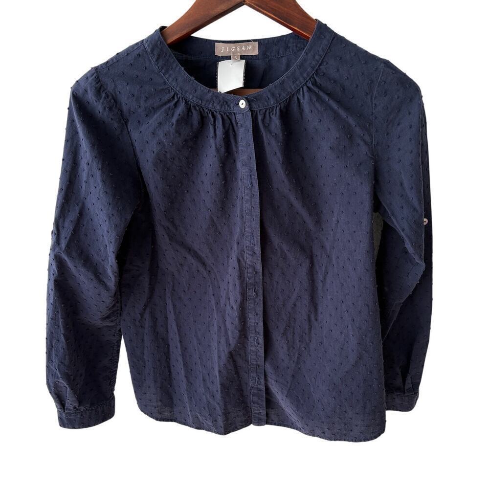 Women’s S Jigsaw London Navy Blue Cotton Swiss Dot Blouse Made in USA